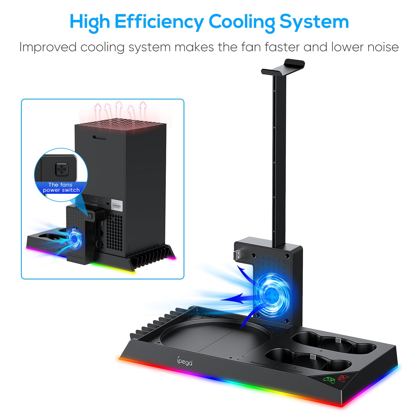 RGB Charging Stand with Cooling Fan for Xbox Series X Console & Controller,Dual Charger Station Cooler System Accessories with 15 RGB Lights,2 x 1400mAh Rechargeable Battery,Headphone stand,Game Discs