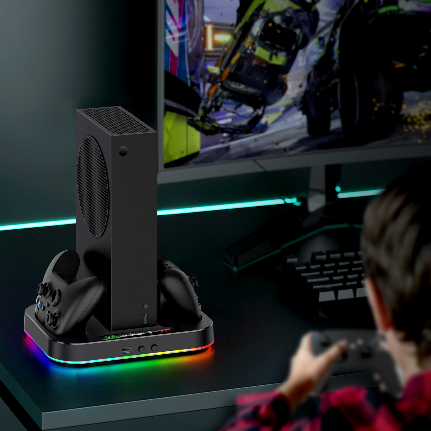 Cooling Stand for Xbox Series S with RGB Light, MENEEA Fast Charger Station with 2x1400mAH Batteries,Cooler Accessories with 3-speed Adjustable Fan, Dual Charger Dock, 15 Light Modes, 2.0 USB Port
