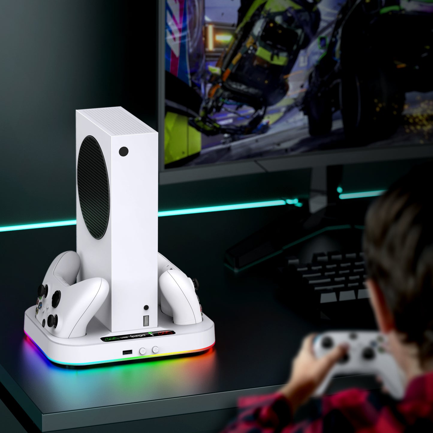 Cooling Stand for Xbox Series S with RGB Light, MENEEA Fast Charger Station with 2x1400mAH Batteries,Cooler Accessories with 3-speed Adjustable Fan, Dual Charger Dock, 15 Light Modes, 2.0 USB Port