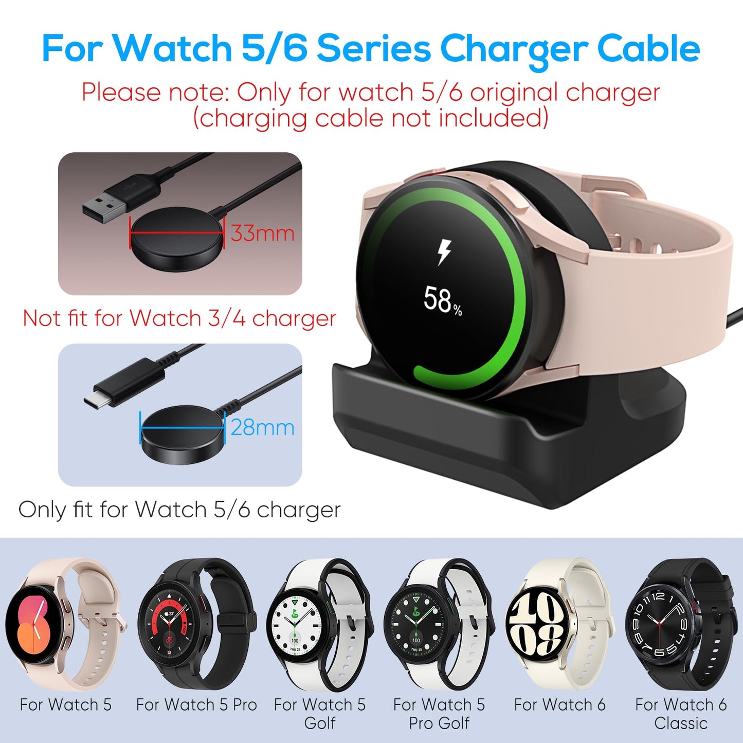 Stand for Samsung Galaxy Watch 7 40,44mm/ Watch Ultra/Watch 6 40mm,44mm /Watch Classic 43mm, 44mm /Watch 5/Watch 5 Pro,Non-Slip Silicone Charging Dock,Charger Base Holder with Cable Management Slot