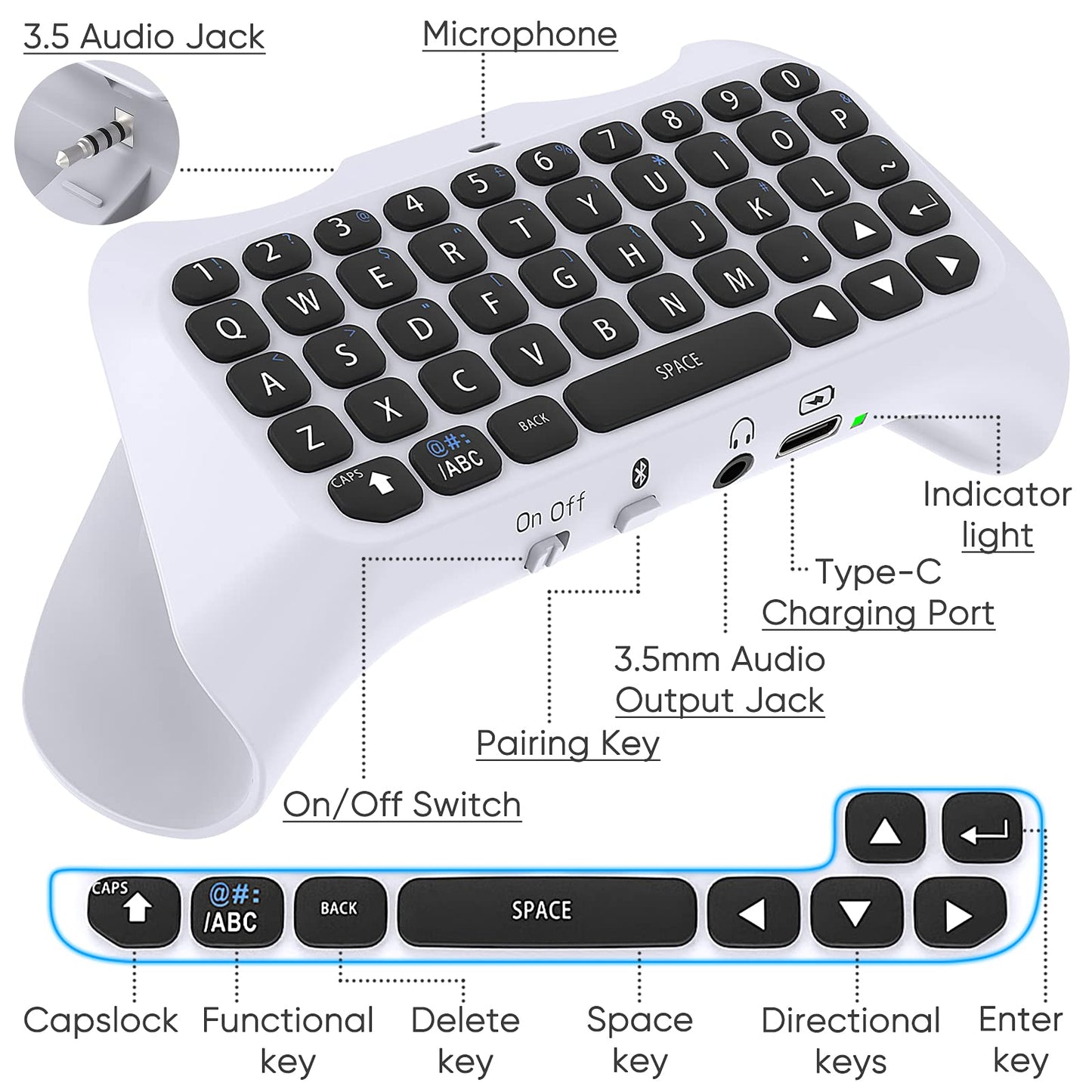 Wireless Controller Keyboard for PS5/PS5 Pro, Bluetooth 3.0 Mini Portable Gamepad Chatpad with Built-in Speaker & 3.5MM Audio Jack for Playstation 5/Playstation 5 Pro Voice Chat Board for Messaging and Gaming Live Chat