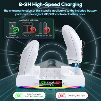 Cooling Fan Stand for Xbox Series S Console - Charging Station for Controller with RGB Light, MENEEA Cooler System&Fast Charger Accessories with 2* 1400mAh Rechargeable Batteries, Headphone Hook White