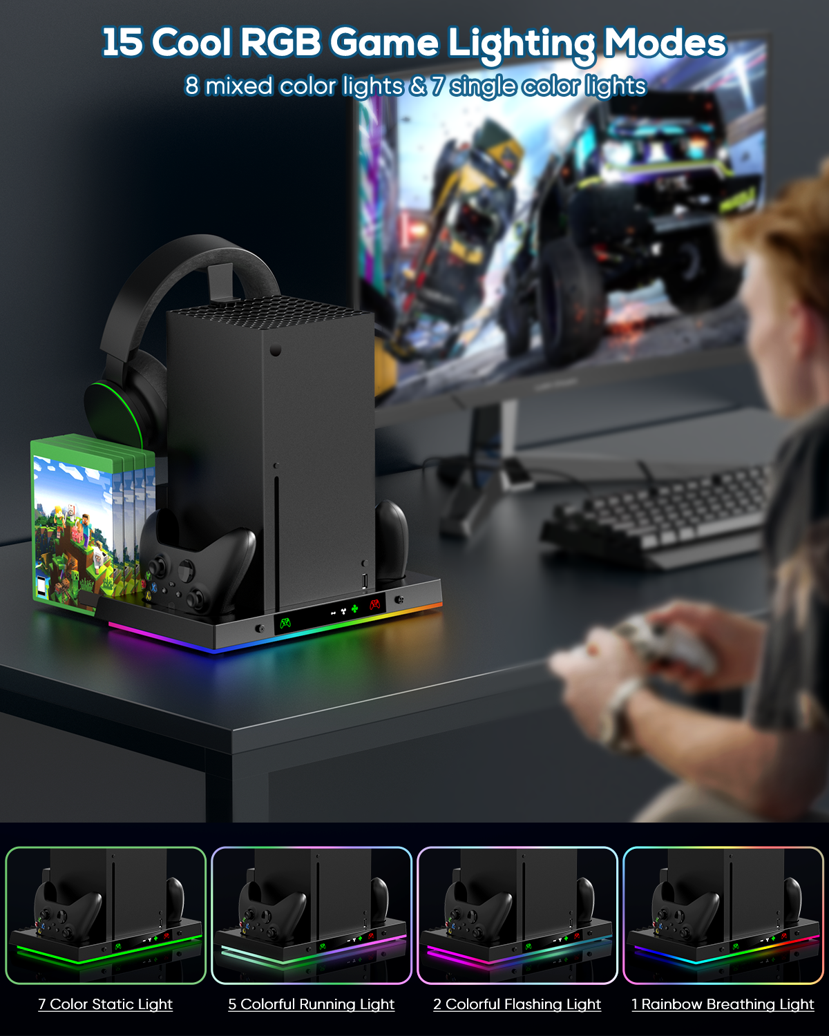 Upgraded RGB Cooling Fan Charging Station for Xbox Series X Console & Controller, Dual Charger Dock & Cooler System Stand with 15 Colorful Light Modes for Xbox Series X Accessories Kit