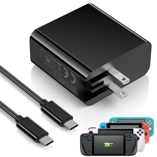 MENEEA Fast Charger for Steam Deck OLED/Nintendo Switch/Quest 3/ROG Ally/Portal, 65W/45W PD Foldable Power Adapter with 6.6FT USB-C Charging Cable Cord,Accessories for Steam Deck TV Dock Console