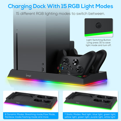 RGB Charging Stand with Cooling Fan for Xbox Series X Console & Controller,Dual Charger Station Cooler System Accessories with 15 RGB Lights,2 x 1400mAh Rechargeable Battery,Headphone stand,Game Discs