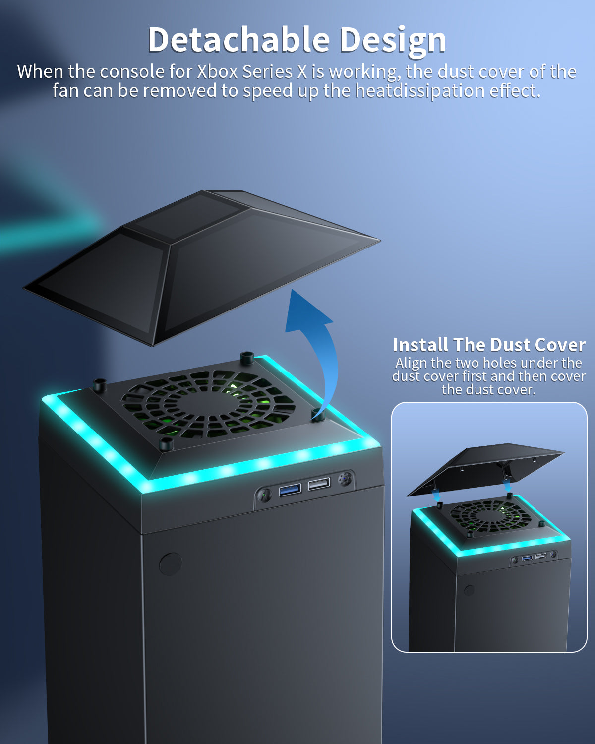 Cooling Fan Dust Proof for Xbox Series X Console with Colorful Light Strip,MENEEA Dust Cover Filter,Rubber Plugs,Low Noise Top Fan with 3 Gears,Cooler&Light Independent Touch Switch, 2 USB Port
