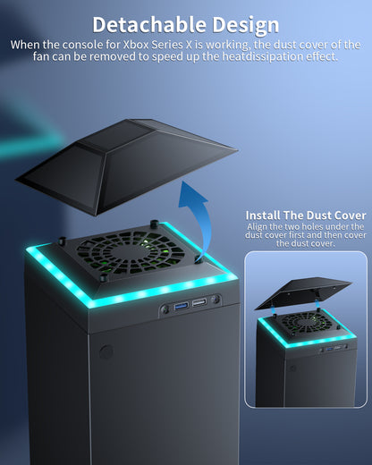 Cooling Fan Dust Proof for Xbox Series X Console with Colorful Light Strip,MENEEA Dust Cover Filter,Rubber Plugs,Low Noise Top Fan with 3 Gears,Cooler&Light Independent Touch Switch, 2 USB Port