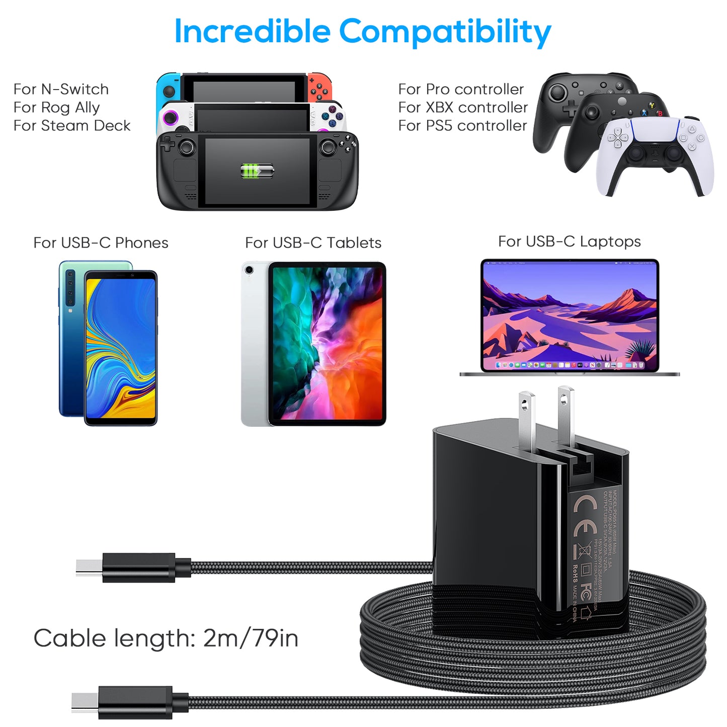MENEEA Fast Charger for Steam Deck OLED/Nintendo Switch/Quest 3/ROG Ally/Portal, 65W/45W PD Foldable Power Adapter with 6.6FT USB-C Charging Cable Cord,Accessories for Steam Deck TV Dock Console