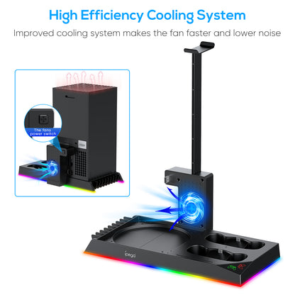 RGB Charging Stand with Cooling Fan for Xbox Series X Console & Controller,Dual Charger Station Cooler System Accessories with 15 RGB Lights,2 x 1400mAh Rechargeable Battery,Headphone stand,Game Discs