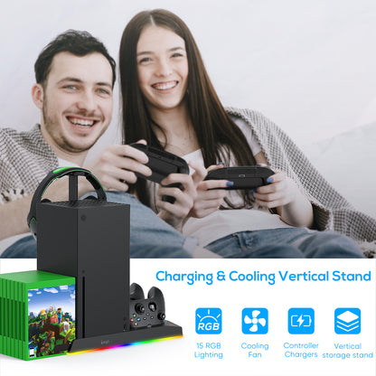 RGB Charging Stand with Cooling Fan for Xbox Series X Console & Controller,Dual Charger Station Cooler System Accessories with 15 RGB Lights,2 x 1400mAh Rechargeable Battery,Headphone stand,Game Discs