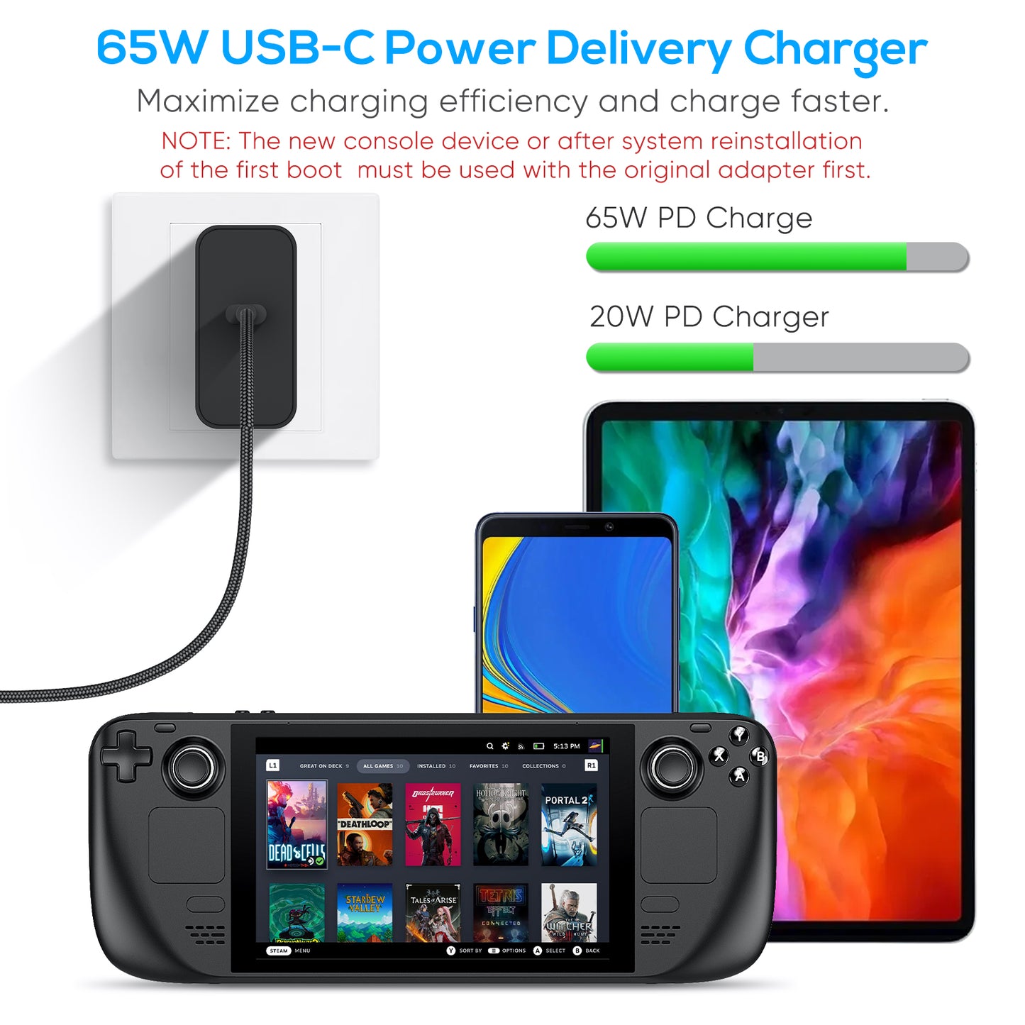 MENEEA Fast Charger for Steam Deck OLED/Nintendo Switch/Quest 3/ROG Ally/Portal, 65W/45W PD Foldable Power Adapter with 6.6FT USB-C Charging Cable Cord,Accessories for Steam Deck TV Dock Console