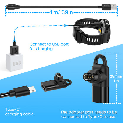 Charging Cable for Garmin Watch with 2 USB C Charger Adapter Connector, 3.3FT Charger Cord for Garmin Fenix 7|7S|7X|6|6S|6X|5|5S, Forerunner 245|945, Instinct 2|2S, Vivoactive 5|4|4S, Vivosmart 5, etc
