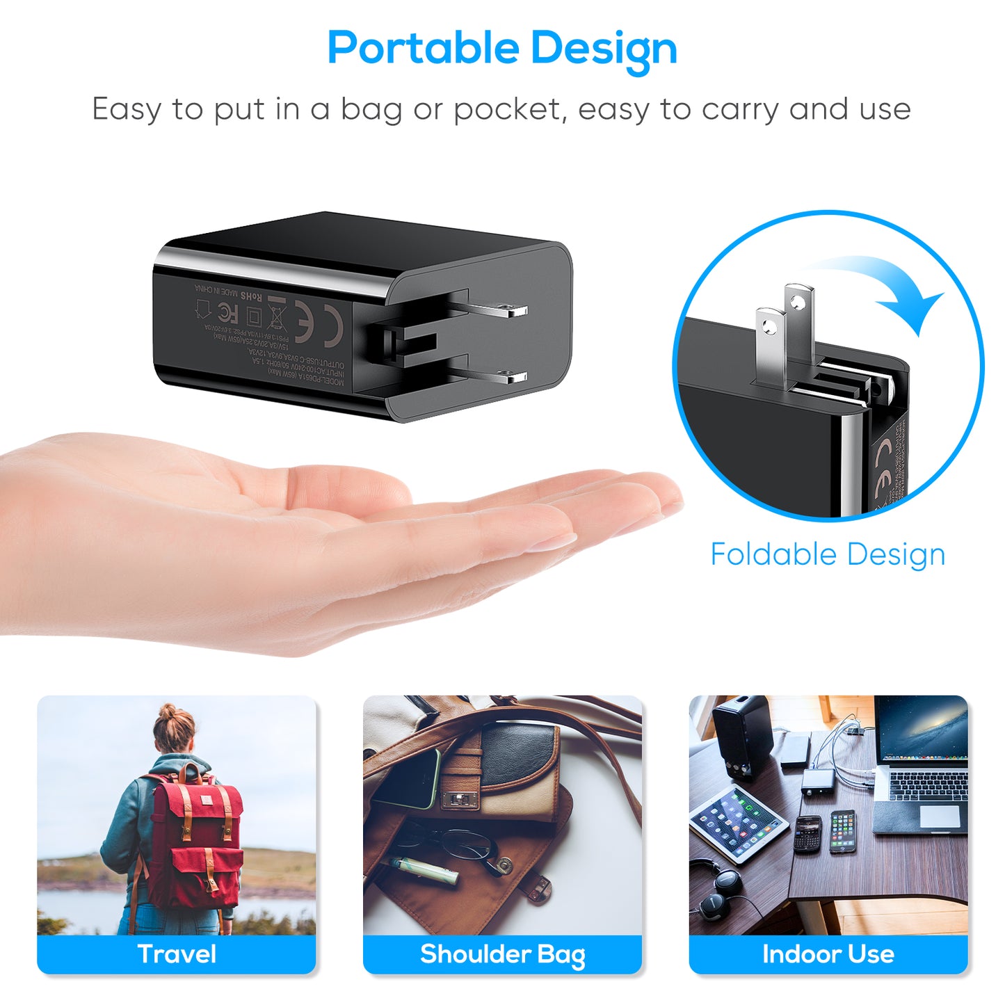 MENEEA Fast Charger for Steam Deck OLED/Nintendo Switch/Quest 3/ROG Ally/Portal, 65W/45W PD Foldable Power Adapter with 6.6FT USB-C Charging Cable Cord,Accessories for Steam Deck TV Dock Console
