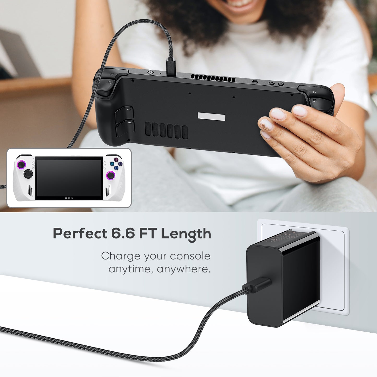 MENEEA Fast Charger for Steam Deck OLED/Nintendo Switch/Quest 3/ROG Ally/Portal, 65W/45W PD Foldable Power Adapter with 6.6FT USB-C Charging Cable Cord,Accessories for Steam Deck TV Dock Console