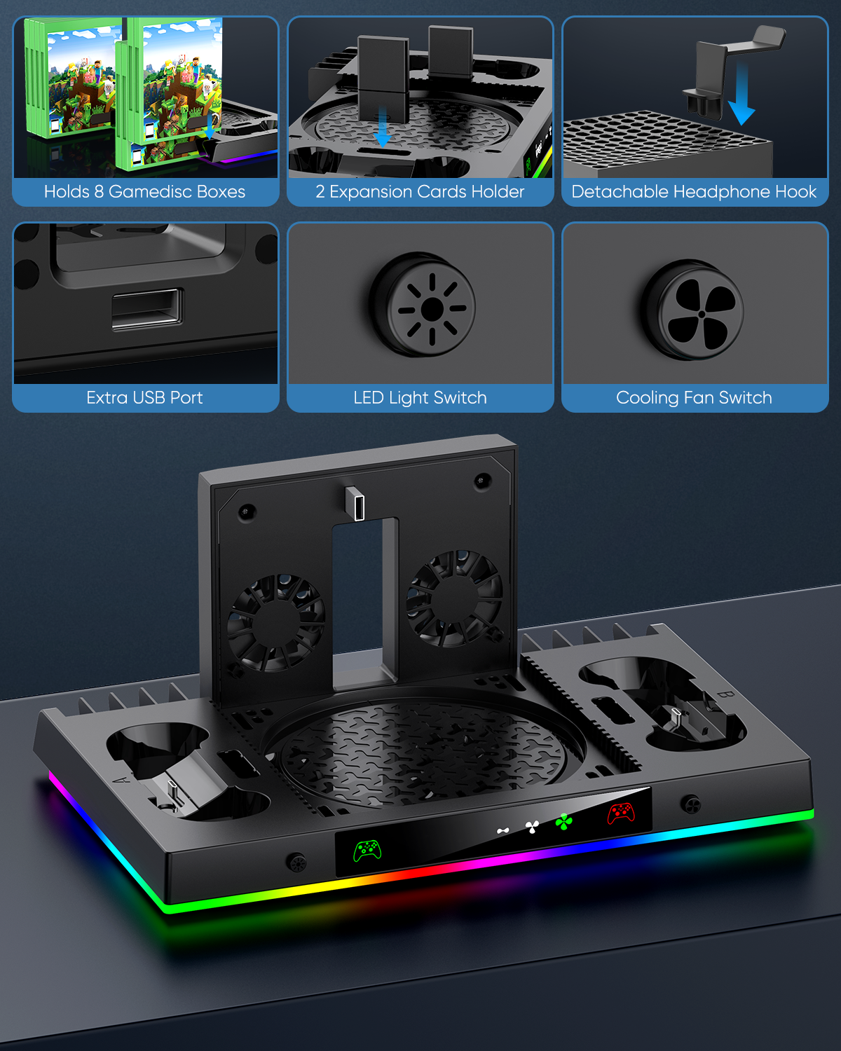 Upgrade Cooling Fan & Dual Charging Stand for Xbox Series X Console & Controller,Cooler Charger Station System for Series X with 15 RGB Lights,2 x 1400mAh Rechargeable Battery,Disc Accessories Storage