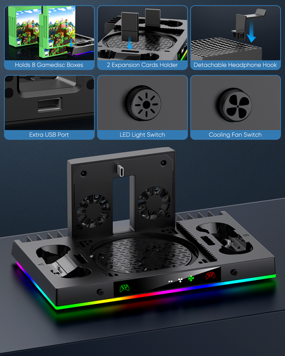 Upgrade Cooling Fan & Dual Charging Stand for Xbox Series X Console & Controller,Cooler Charger Station System for Series X with 15 RGB Lights,2 x 1400mAh Rechargeable Battery,Disc Accessories Storage