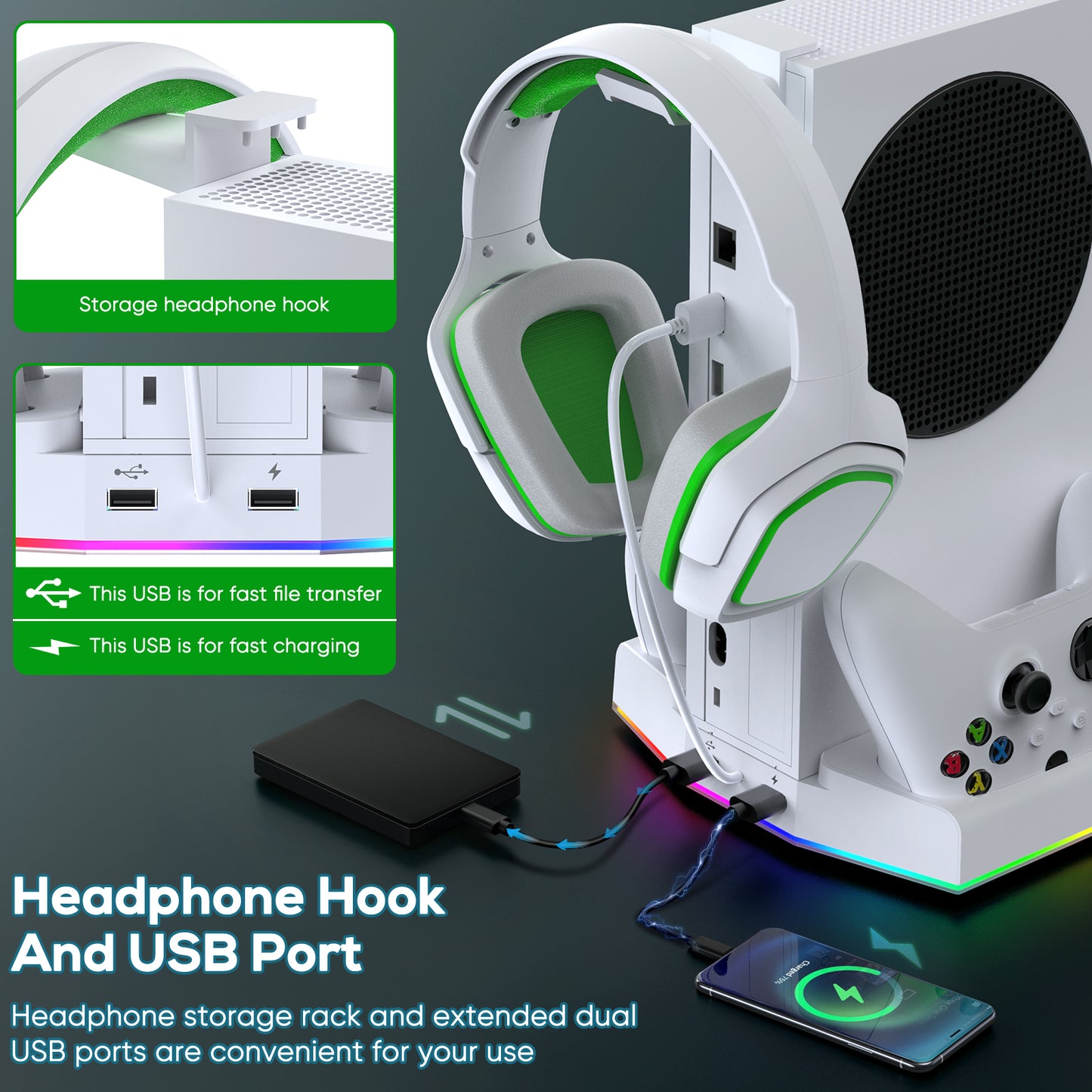 Cooling Fan Stand for Xbox Series S Console - Charging Station for Controller with RGB Light, MENEEA Cooler System&Fast Charger Accessories with 2* 1400mAh Rechargeable Batteries, Headphone Hook White