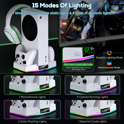 Upgraded Cooling Fan Stand for Xbox Series S with Charger Station, MENEEA Controller Charging Dock & Console Cooler System with 15 Colorful RGB Light & Headset Hook, Accessories for XSS