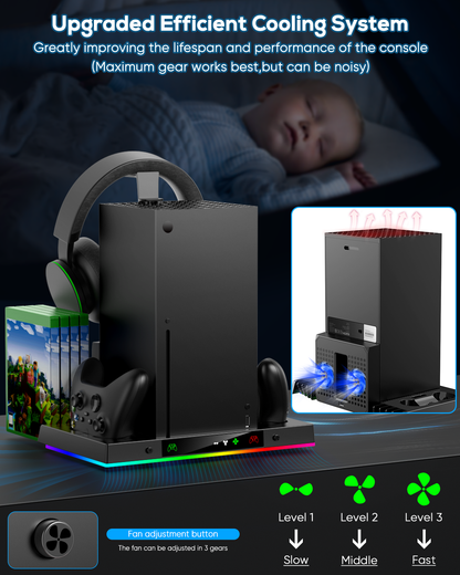 Upgraded RGB Cooling Fan Charging Station for Xbox Series X Console & Controller, Dual Charger Dock & Cooler System Stand with 15 Colorful Light Modes for Xbox Series X Accessories Kit