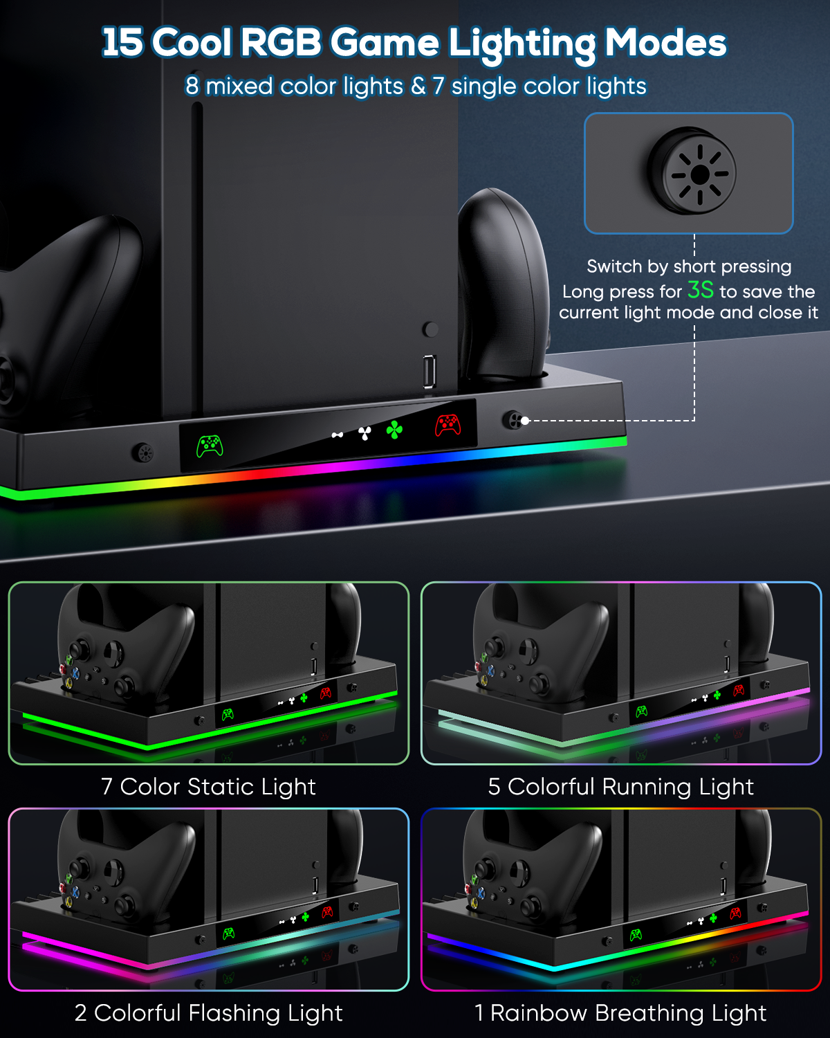 Upgrade Cooling Fan & Dual Charging Stand for Xbox Series X Console & Controller,Cooler Charger Station System for Series X with 15 RGB Lights,2 x 1400mAh Rechargeable Battery,Disc Accessories Storage