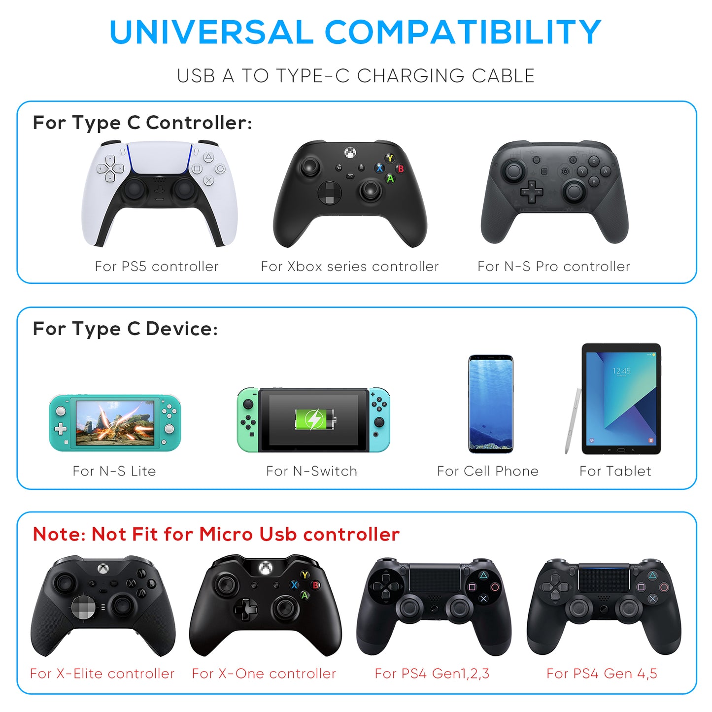 MENEEA Charger Charging Cable for PS5 Controller,for Xbox Series X,for Xbox Series S,for Nintendo Switch Controller,2 Pack 10FT Replacement USB C Cord Nylon Braided Type-C Ports Accessories Kit,Black
