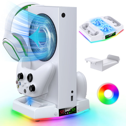 Upgraded Cooling Fan Stand for Xbox Series S with Charger Station, MENEEA Controller Charging Dock & Console Cooler System with 15 Colorful RGB Light & Headset Hook, Accessories for XSS