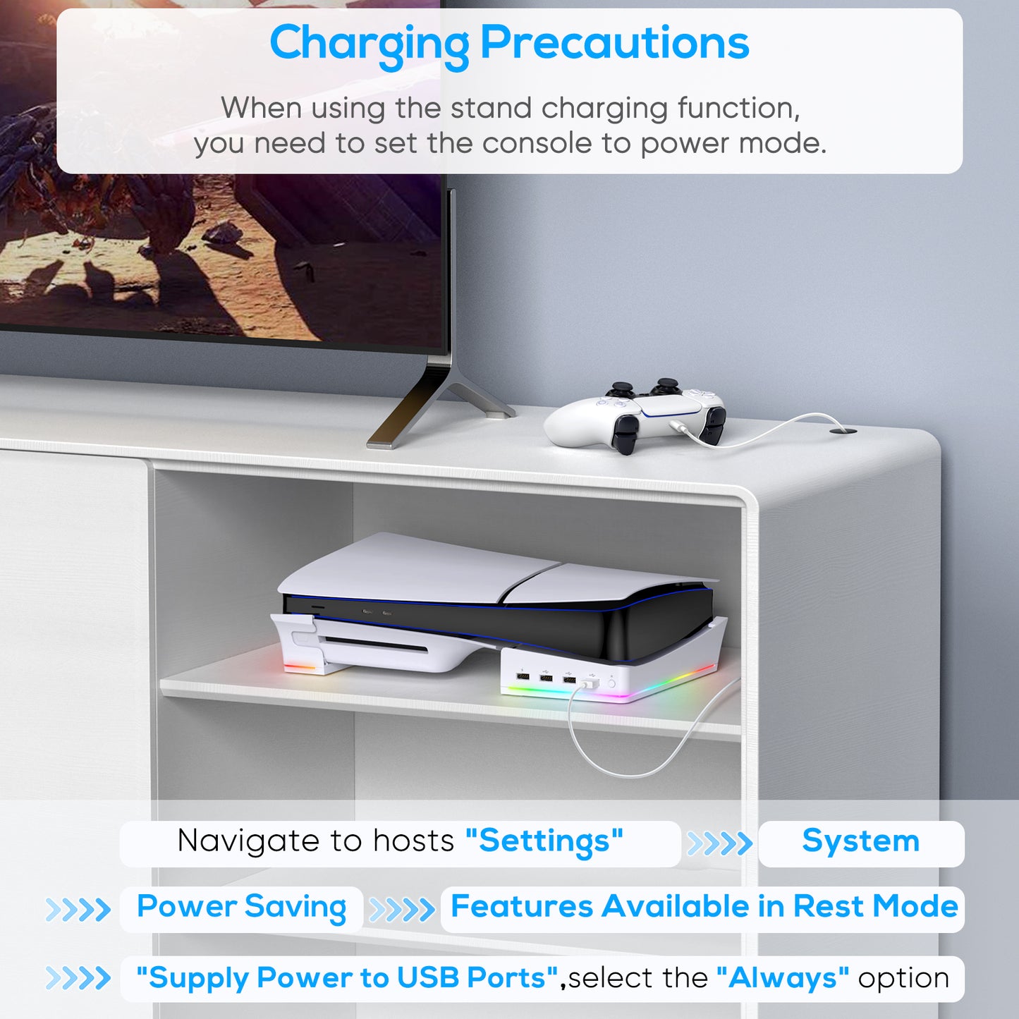 MENEEA Horizontal Stand for PS5 Slim Console with 4-USB Port Hub & 14 RGB Light Modes, Side Stand with P5 Controller Charging Data Port, Base Holder Accessories for Playstation 5 Disc & Digital -Slim