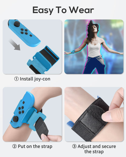 [4 PACK] Wristband for Just-Dance 2025 2024 2023/ for Zumba Burn It Up, for Nintendo Switch& Swith OLED for Joy-Cons, MENEEA Adjustable Wrist Strap for Adult Teens and Kids, Skin-kindly Black Red Blue