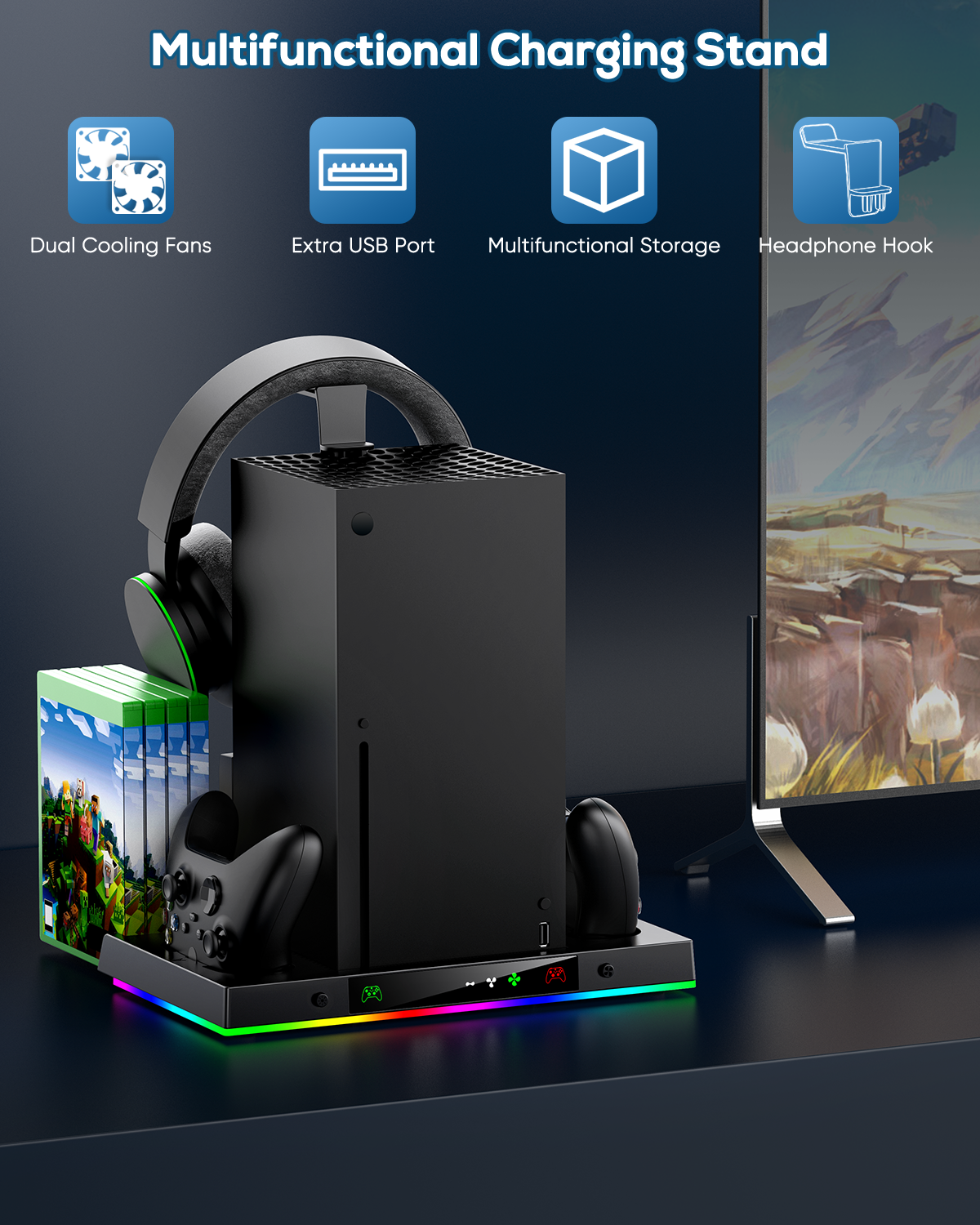 Upgrade Cooling Fan & Dual Charging Stand for Xbox Series X Console & Controller,Cooler Charger Station System for Series X with 15 RGB Lights,2 x 1400mAh Rechargeable Battery,Disc Accessories Storage