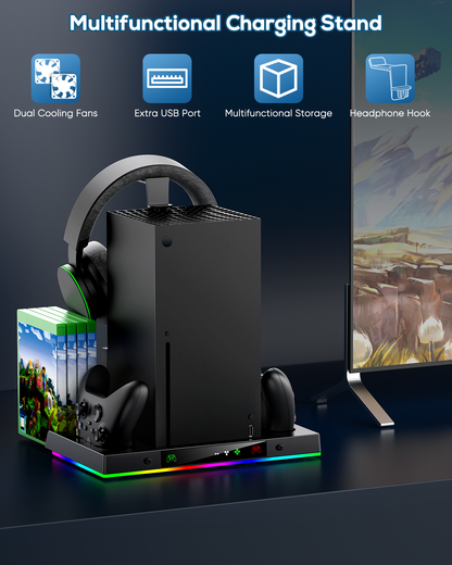 Upgrade Cooling Fan & Dual Charging Stand for Xbox Series X Console & Controller,Cooler Charger Station System for Series X with 15 RGB Lights,2 x 1400mAh Rechargeable Battery,Disc Accessories Storage
