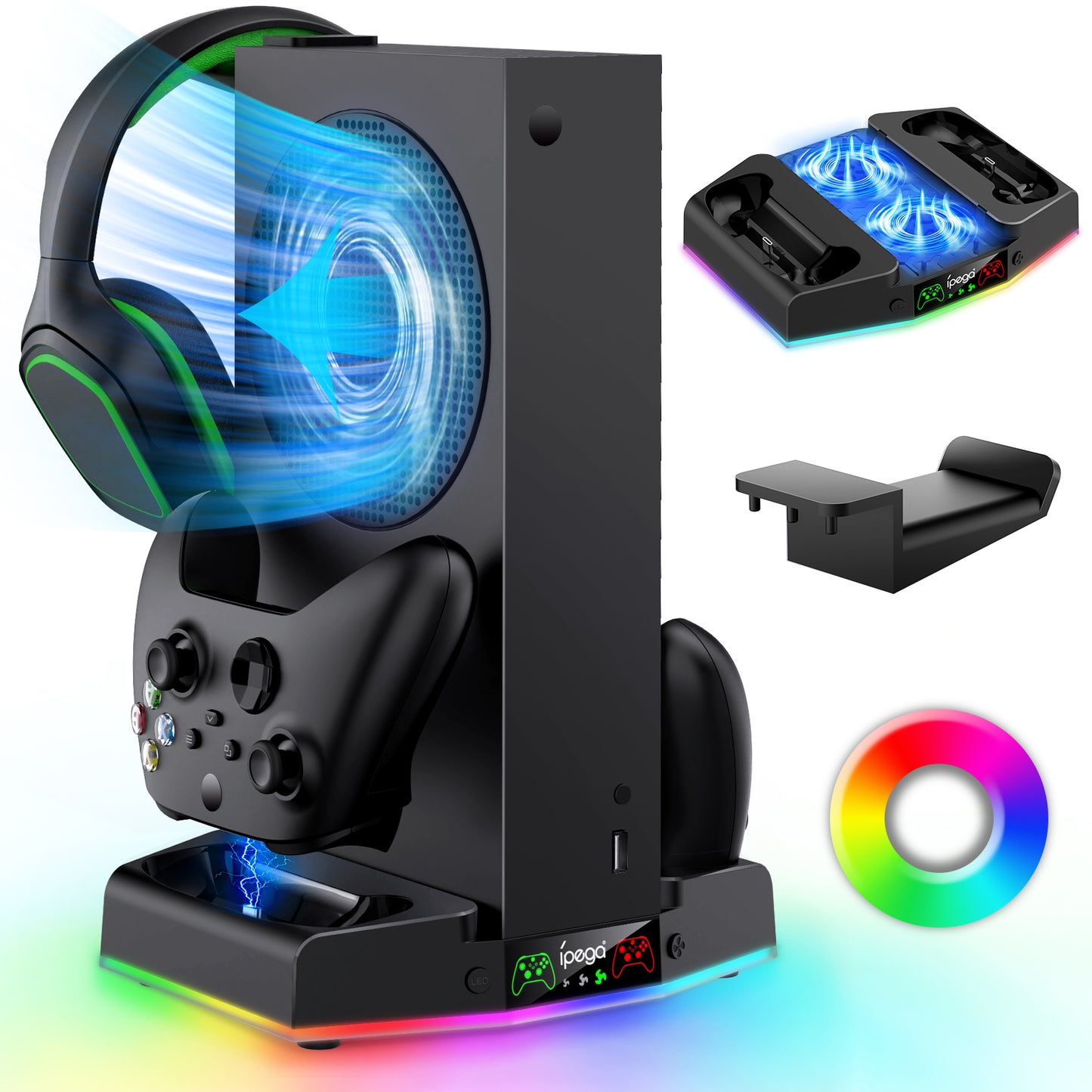 Upgraded Cooling Fan Stand for Xbox Series S with Charger Station, MENEEA Controller Charging Dock & Console Cooler System with 15 Colorful RGB Light & Headset Hook, Accessories for XSS