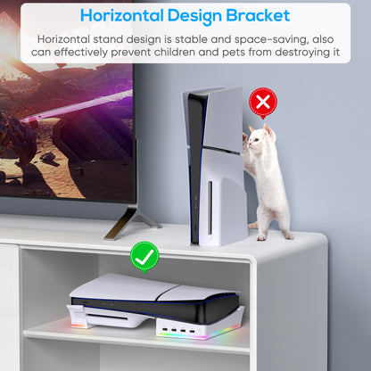 MENEEA Horizontal Stand for PS5 Slim Console with 4-USB Port Hub & 14 RGB Light Modes, Side Stand with P5 Controller Charging Data Port, Base Holder Accessories for Playstation 5 Disc & Digital -Slim