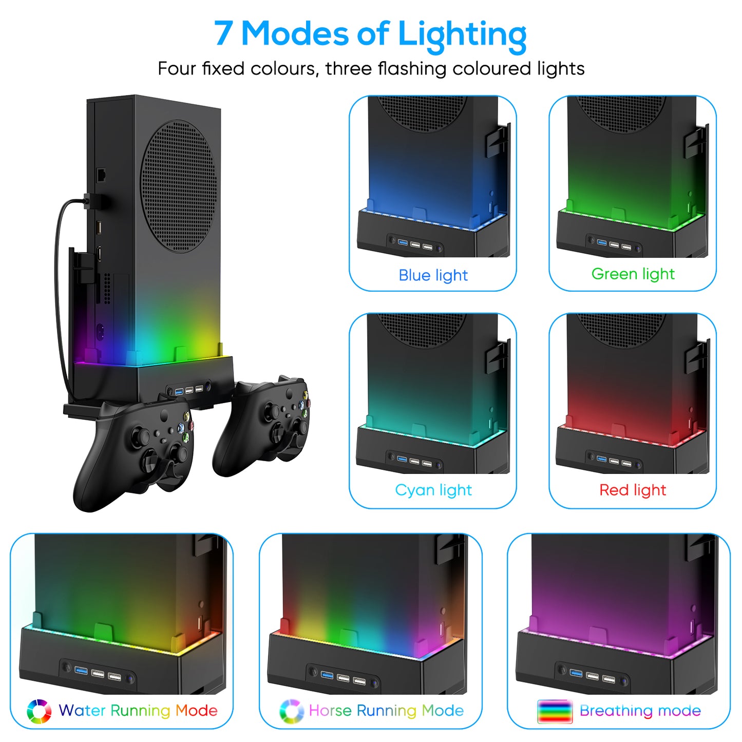 MENEEA Wall Mount Holder for Xbox Series S, Wall Mount Kit Accessories with Cooling Bracket, RGB LED Light Strip, USB Port, Controller Hook for Series S-Black