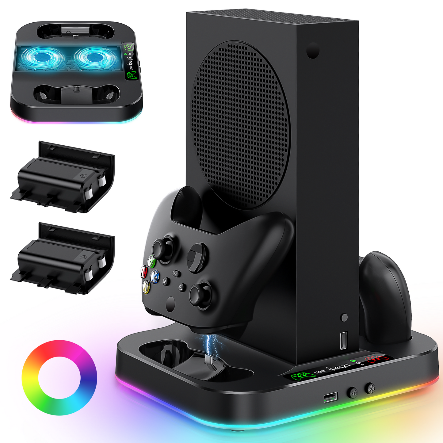MENEEA Cooling Stand for Xbox Series S with RGB Light, Fast Charger Station with 2x1400mAH Batteries,Cooler Accessories with 3-Speed Adjustable Fan, Dual Charger Dock, 15 Light Modes, 2.0 USB Port