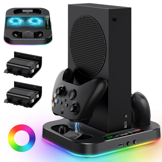 MENEEA Cooling Stand for Xbox Series S with RGB Light, Fast Charger Station with 2x1400mAH Batteries,Cooler Accessories with 3-Speed Adjustable Fan, Dual Charger Dock, 15 Light Modes, 2.0 USB Port