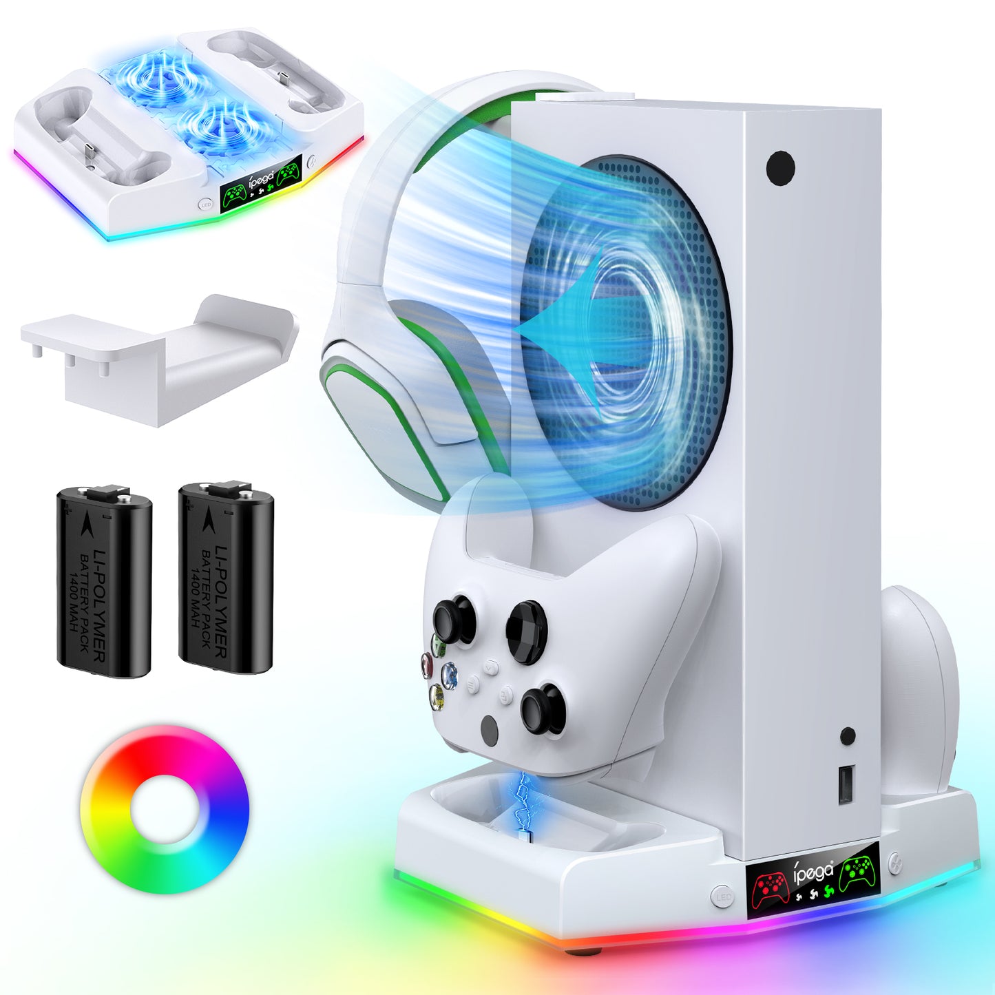 Cooling Fan Stand for Xbox Series S Console - Charging Station for Controller with RGB Light, MENEEA Cooler System&Fast Charger Accessories with 2* 1400mAh Rechargeable Batteries, Headphone Hook White