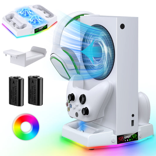 Cooling Fan Stand for Xbox Series S Console - Charging Station for Controller with RGB Light, MENEEA Cooler System&Fast Charger Accessories with 2* 1400mAh Rechargeable Batteries, Headphone Hook White