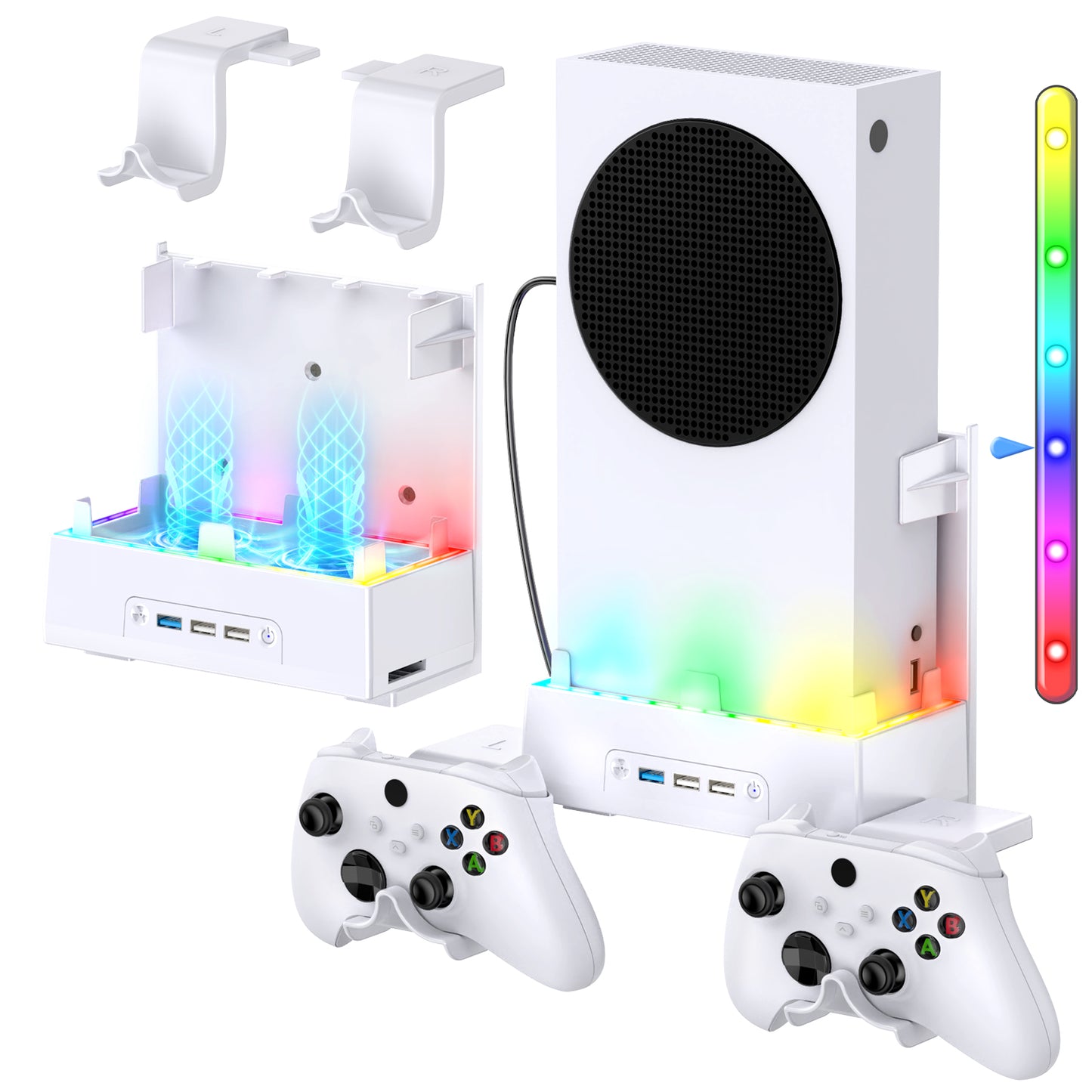 MENEEA Wall Mount Holder for Xbox Series S, Wall Mount Kit Accessories with Cooling Bracket, RGB LED Light Strip, USB Port, Controller Hook for Series S-Black