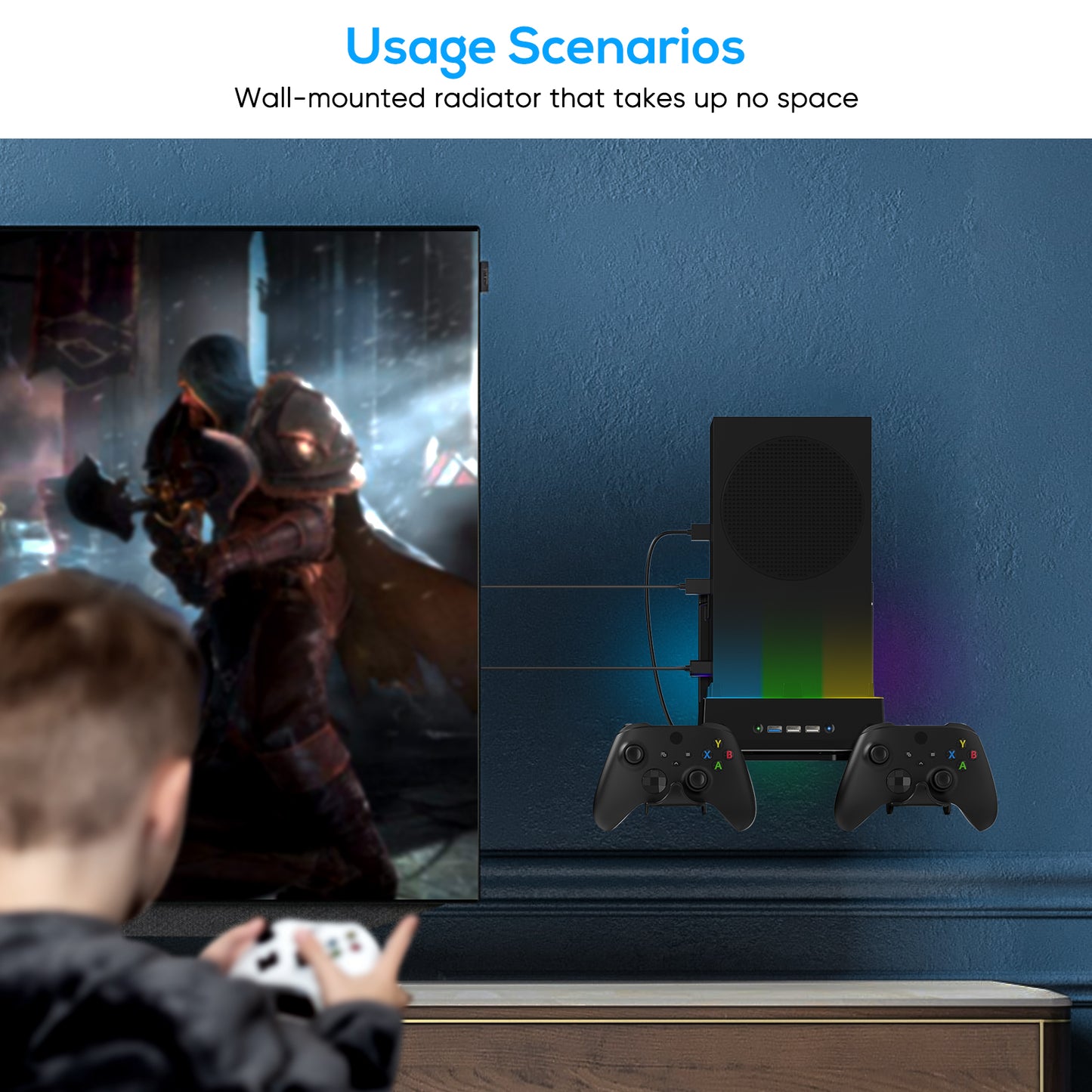 MENEEA Wall Mount Holder for Xbox Series S, Wall Mount Kit Accessories with Cooling Bracket, RGB LED Light Strip, USB Port, Controller Hook for Series S-Black