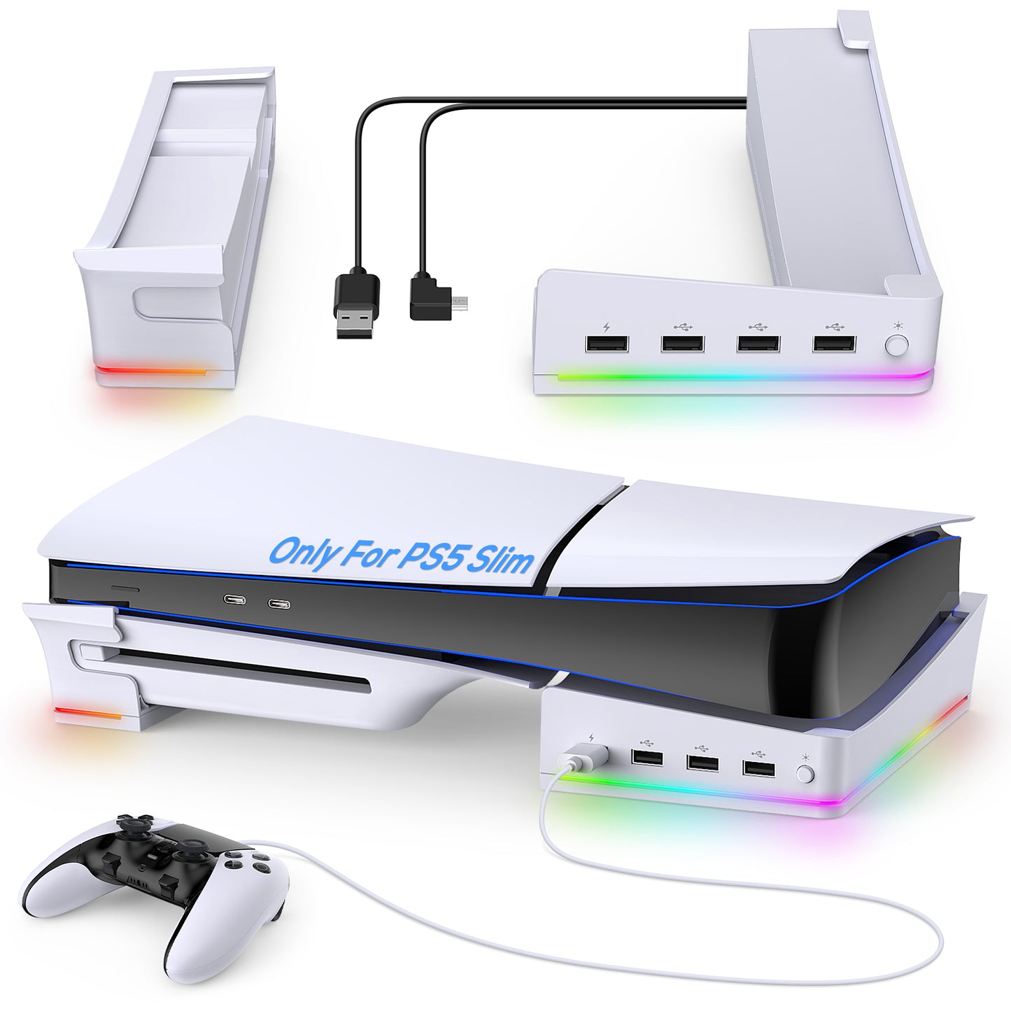 MENEEA Horizontal Stand for PS5 Slim Console with 4-USB Port Hub & 14 RGB Light Modes, Side Stand with P5 Controller Charging Data Port, Base Holder Accessories for Playstation 5 Disc & Digital -Slim