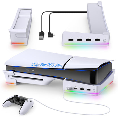 MENEEA Horizontal Stand for PS5 Slim Console with 4-USB Port Hub & 14 RGB Light Modes, Side Stand with P5 Controller Charging Data Port, Base Holder Accessories for Playstation 5 Disc & Digital -Slim