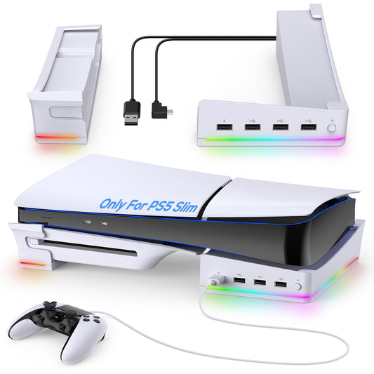 MENEEA Horizontal Stand for PS5 Slim Console with 4-USB Port Hub & 14 RGB Light Modes, Side Stand with P5 Controller Charging Data Port, Base Holder Accessories for Playstation 5 Disc & Digital -Slim