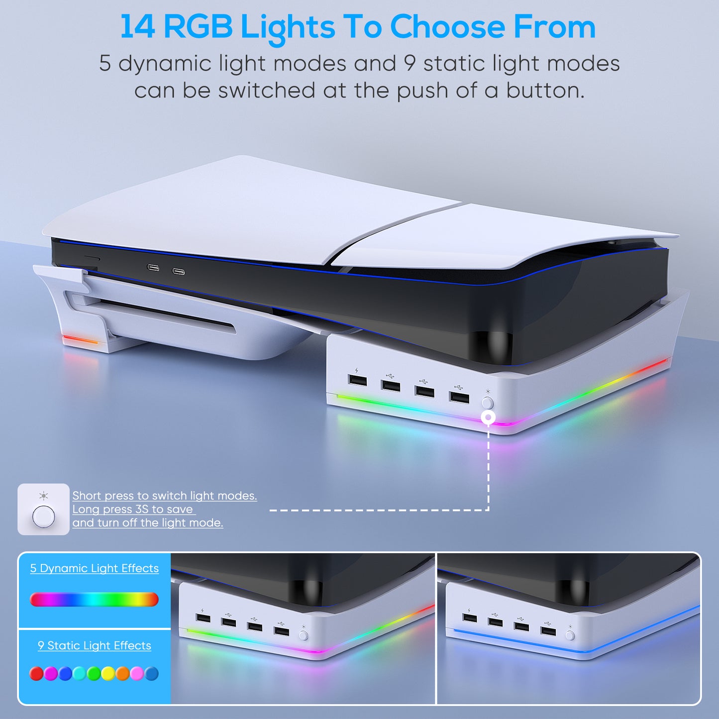 MENEEA Horizontal Stand for PS5 Slim Console with 4-USB Port Hub & 14 RGB Light Modes, Side Stand with P5 Controller Charging Data Port, Base Holder Accessories for Playstation 5 Disc & Digital -Slim
