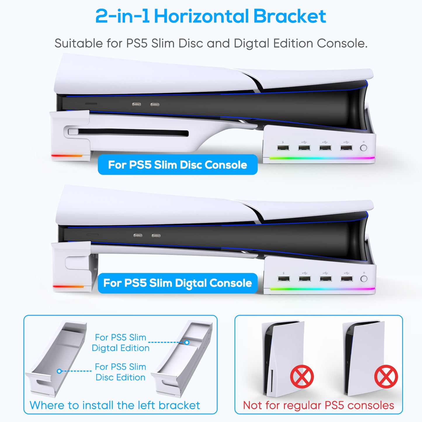 MENEEA Horizontal Stand for PS5 Slim Console with 4-USB Port Hub & 14 RGB Light Modes, Side Stand with P5 Controller Charging Data Port, Base Holder Accessories for Playstation 5 Disc & Digital -Slim