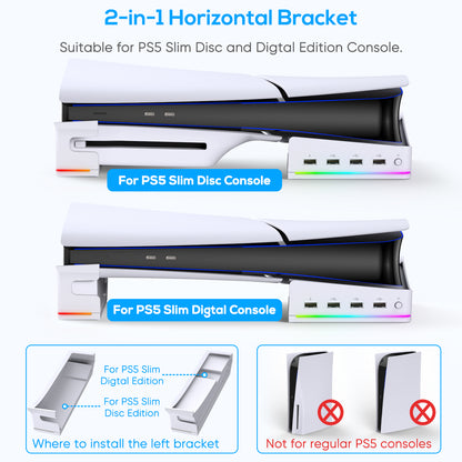 MENEEA Horizontal Stand for PS5 Slim Console with 4-USB Port Hub & 14 RGB Light Modes, Side Stand with P5 Controller Charging Data Port, Base Holder Accessories for Playstation 5 Disc & Digital -Slim