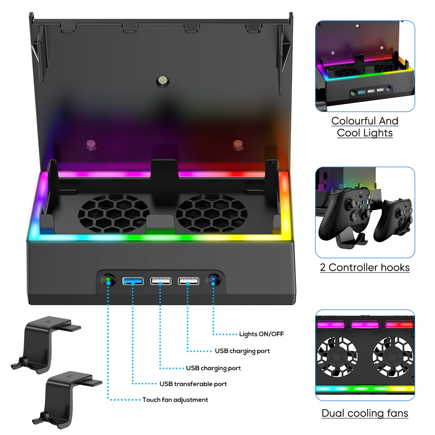 MENEEA Wall Mount Holder for Xbox Series S, Wall Mount Kit Accessories with Cooling Bracket, RGB LED Light Strip, USB Port, Controller Hook for Series S-Black