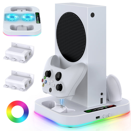 Cooling Stand for Xbox Series S with RGB Light, MENEEA Fast Charger Station with 2x1400mAH Batteries,Cooler Accessories with 3-speed Adjustable Fan, Dual Charger Dock, 15 Light Modes, 2.0 USB Port