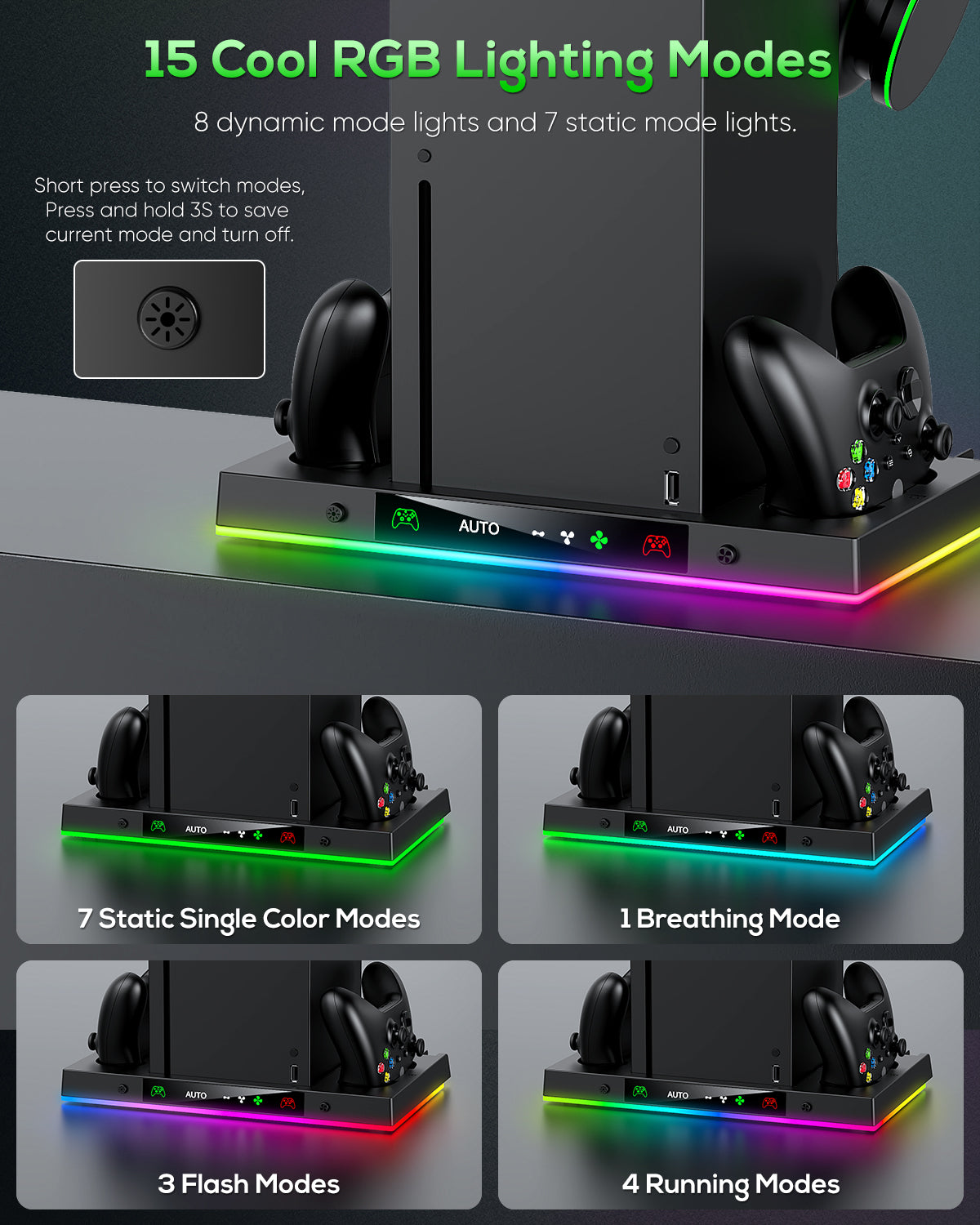 Auto Cooling Fan and Charge Stand Accessories for Xbox Series X Console with 15 Light Modes, Wireless Dual Charger Dock for XSX Controller, 2 Rechargeable Batteries, Headset Stand & Game Disc Storage