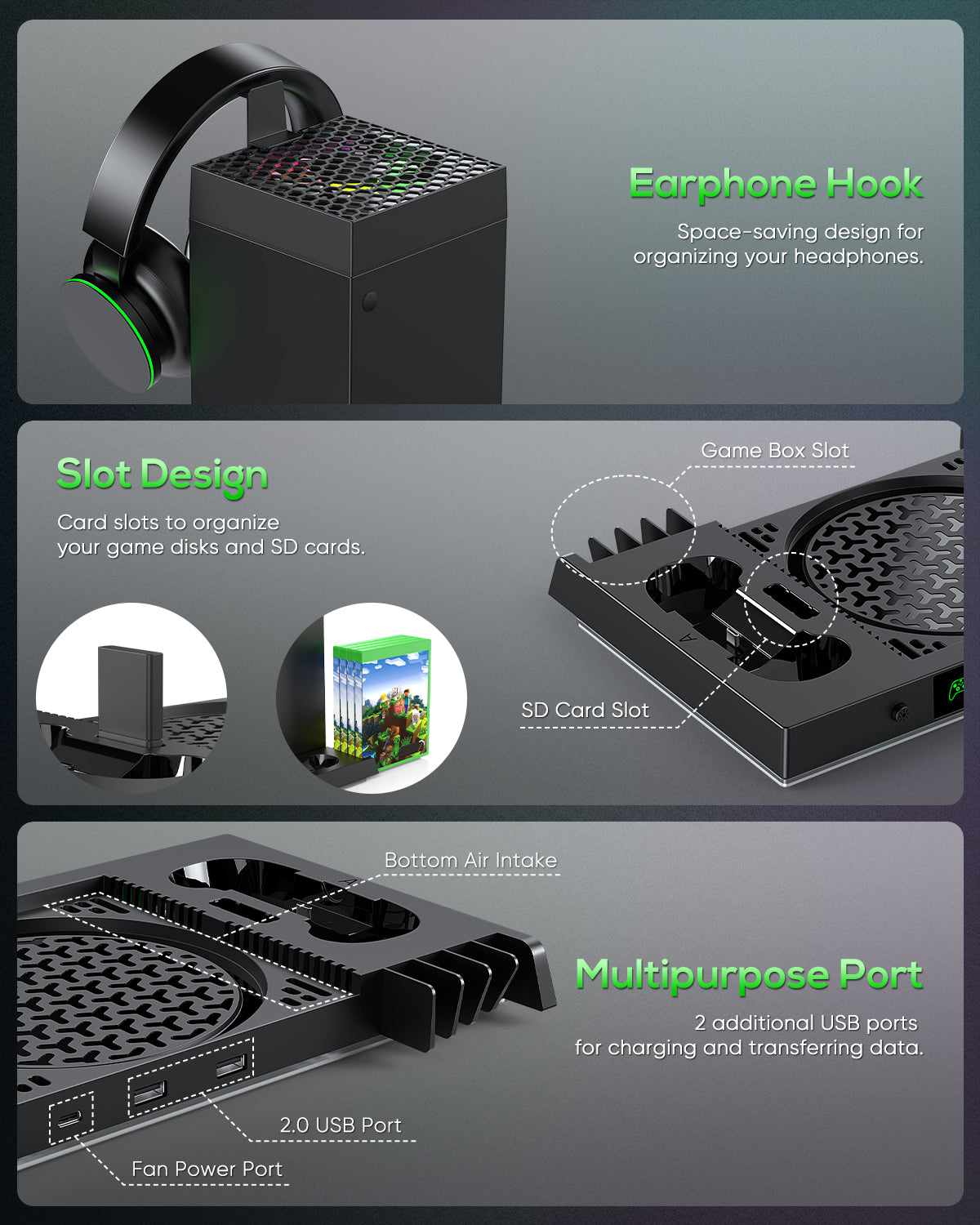 Auto Cooling Fan and Charge Stand Accessories for Xbox Series X Console with 15 Light Modes, Wireless Dual Charger Dock for XSX Controller, 2 Rechargeable Batteries, Headset Stand & Game Disc Storage