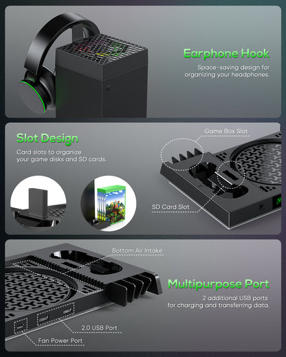 Auto Cooling Fan and Charge Stand Accessories for Xbox Series X Console with 15 Light Modes, Wireless Dual Charger Dock for XSX Controller, 2 Rechargeable Batteries, Headset Stand & Game Disc Storage